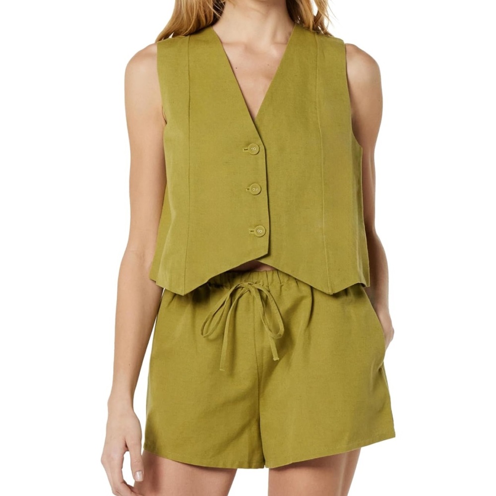 Olive Oil Green Linen Sleeveless Vest and Shorts Set